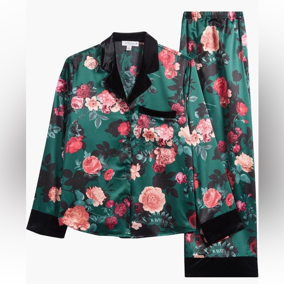 In Bloom by Jonquil Floral Velvet Trim Satin Pajamas - Picture 5 of 10